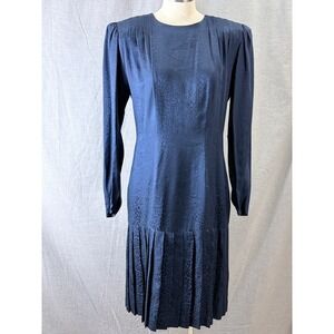 Argenti Vintage 80s Silk Leopard Jacquard Drop Waist Dress Navy 10 Dark Academia